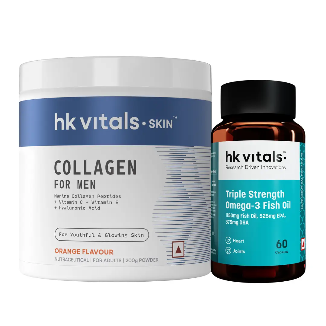 hk vitals Marine Collagen for Men Supplement (Orange, 200gm) and Triple Strength Omega-3 Fish Oil Supplement (60 Capsules) - (Combo Pack)