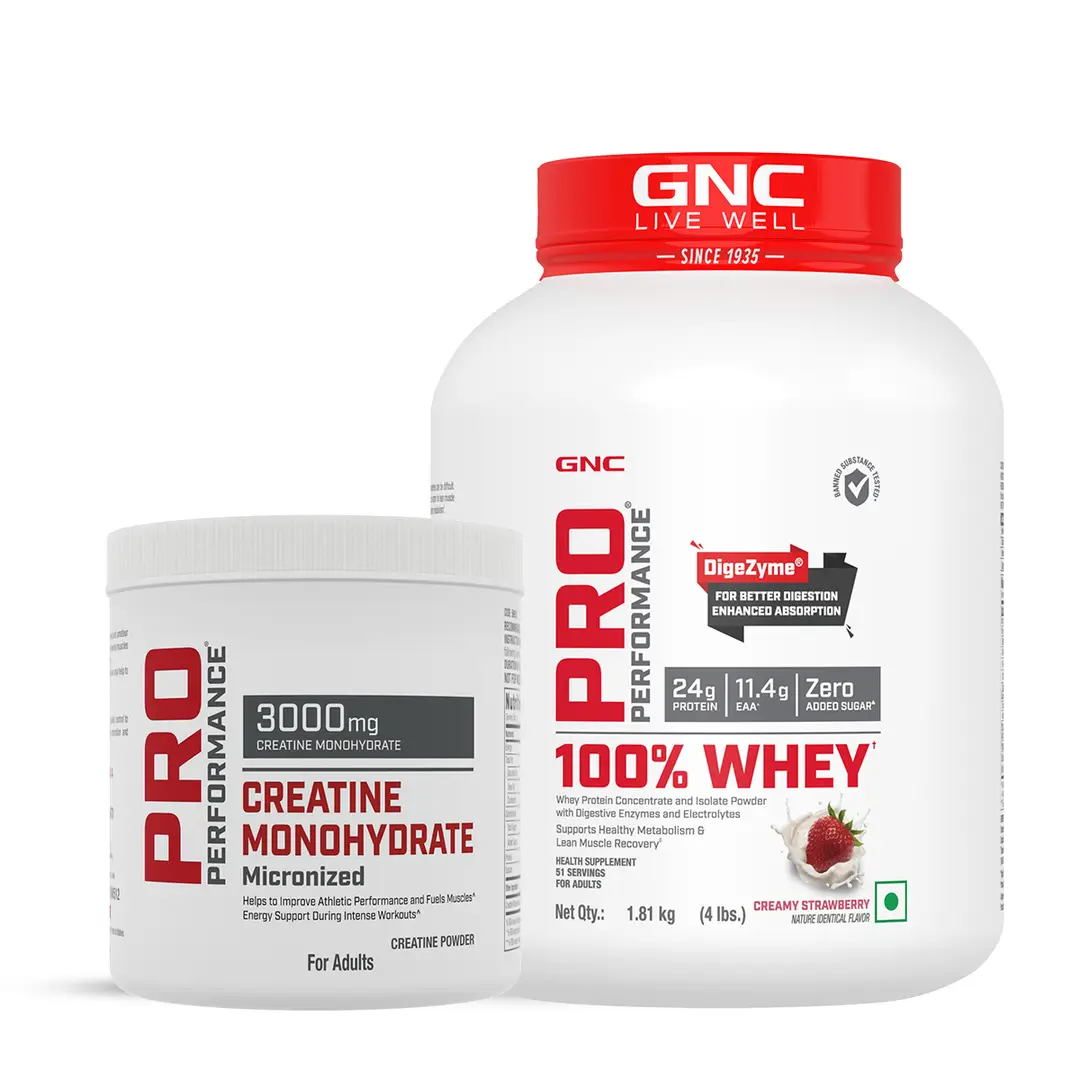 DSC - GNC - Pro Performance 100% Whey Creamy Strawberry + Creatine Monohydrate -4lbs / 250gm Combo - Combo Pack (Whey + Creatine)