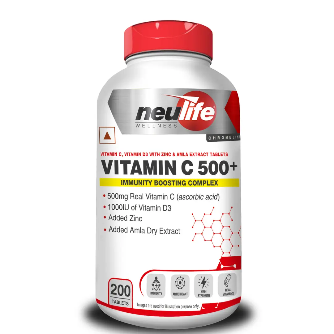 Neulife Vitamin C Tablets 500mg With D3 1000IU + Zinc for Relieving Fatigue - Pack of 1 (200 Tablets)