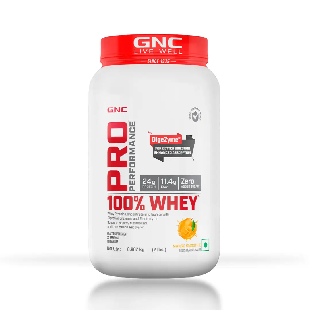 GNC Pro Performance 100% Whey Protein Powder Formulated In USA with 24g Protein, 5.5g BCAA for Strength, Endurance, Builds Lean Muscles and Fastens Muscle Recovery - Mango Smoothie,2 lb