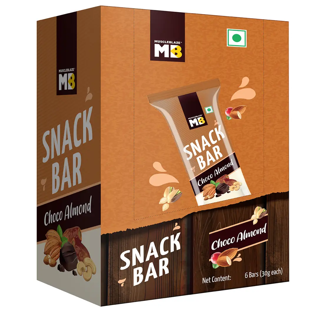 MuscleBlaze - Snack Bar, Healthy Snacks, with Rice Crispy, Rolled Oats & Dry Fruits (Pack of 6) - Choco Almond (6 count)