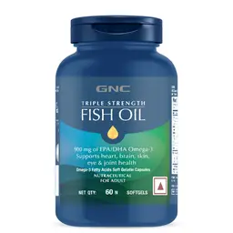 GNC Triple Strength Fish Oil Omega 3 Capsules for Men & Women | 900mg EPA & DHA | Improves Memory | Protects Vision | No Fishy Aftertaste | Supports Family Health | USA Formulated icon