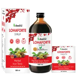 Ambic Ayurveda LOHAFORTE Iron Syrup 500 ml With Tablet 60 I Iron and Folic Acid Supplemen For Kids & Women icon