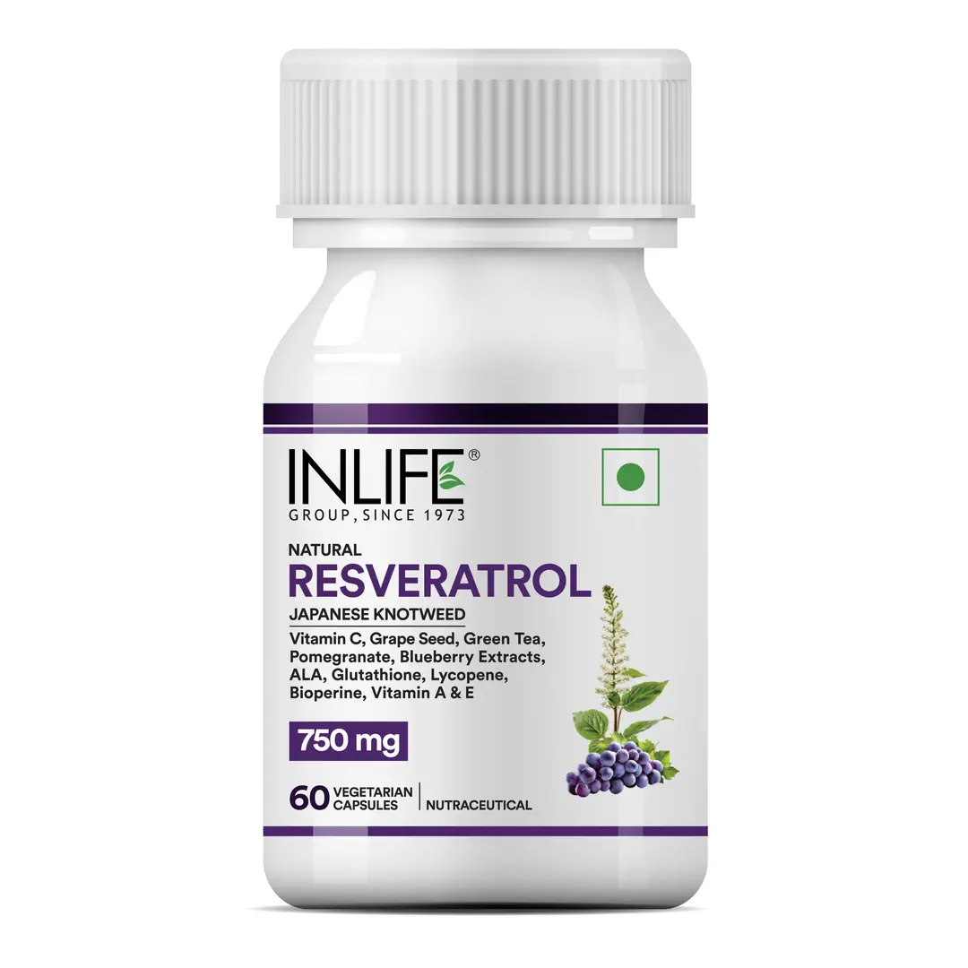 Inlife Resveratrol 750 mg with Japanese Knotweed (Trans-Resveratrol), Grape Seed, Lycopene, Vitamin E & C for Skin and Heart Health - Pack of 1 (60 Capsules)