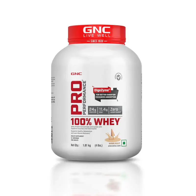 GNC Pro Performance 100% Whey Protein Powder Formulated In USA with 24g Protein, 5.5g BCAA for Strength, Endurance, Builds Lean Muscles and Fastens Muscle Recovery - Mawa Kulfi,4 lb