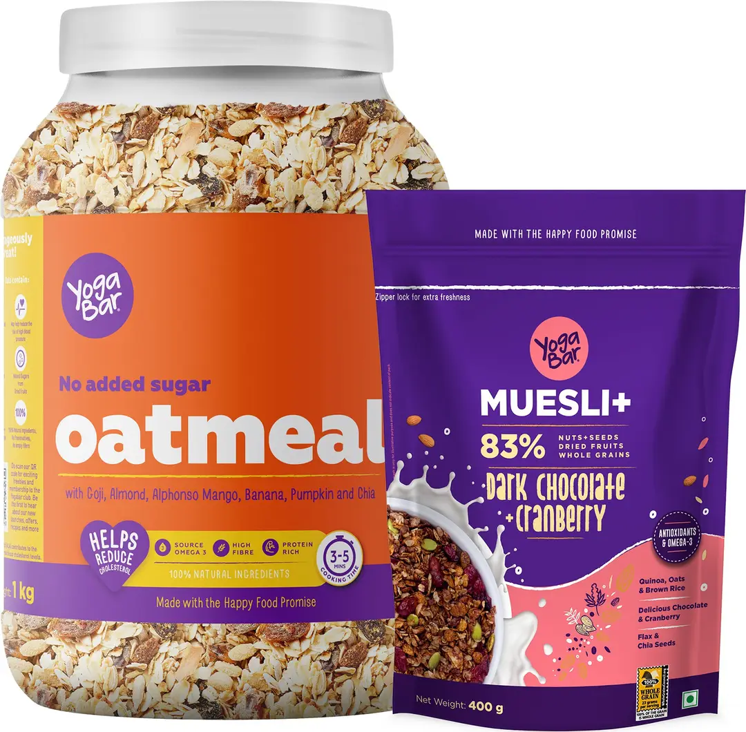Yoga Bar - High Protein No Added Sugar Oatmeal 1kg - Dark Chocolate Muesli 400g - Combo pack (Oatmeal & Muesli + )