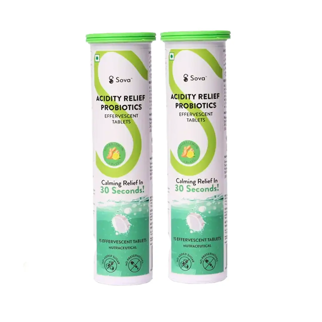 Sova Acidity Relief with 5Bn CFU Probiotics & Herbs for Reducing Digestive Discomfort - Pack of 2 (30 Effervescent Tablets)