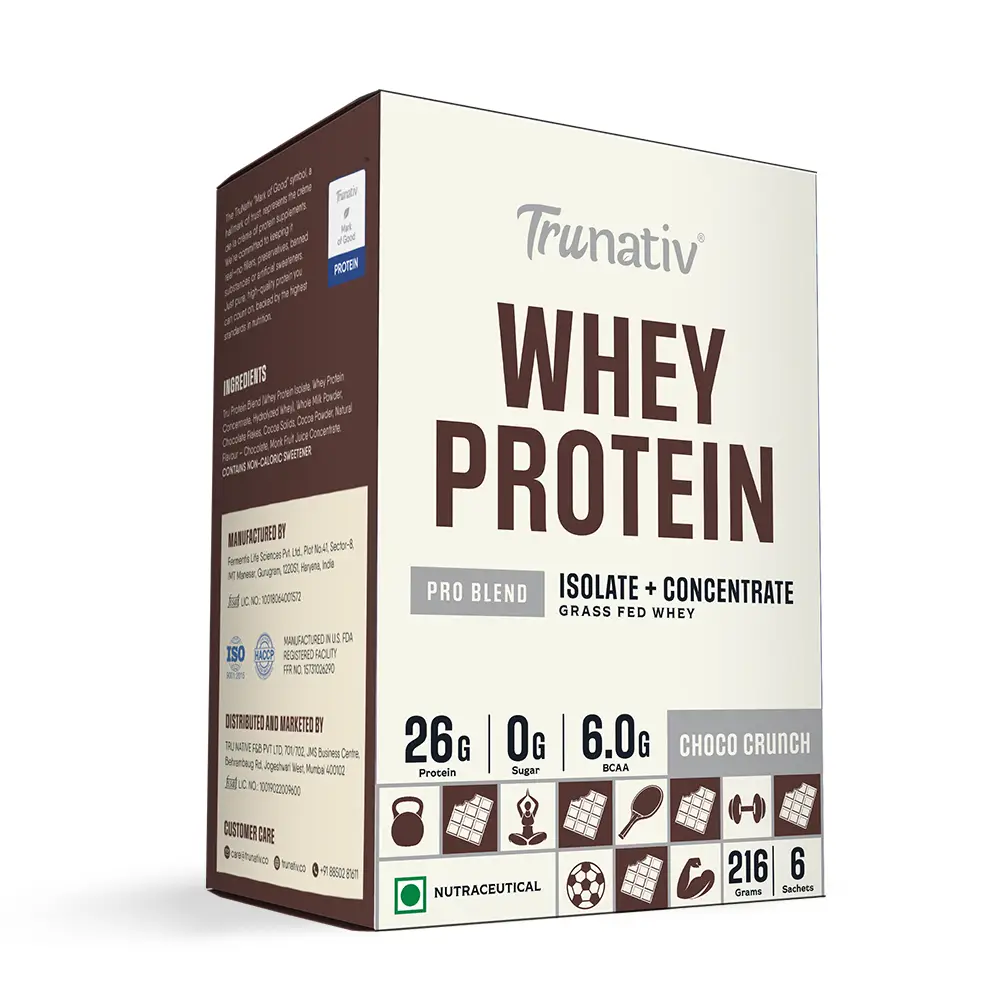 Trunativ Pro Blend Whey Protein with Grass-Fed Isolate & Concentrate for Muscle Recovery and Strength - Choco Crunch,6 Sachets