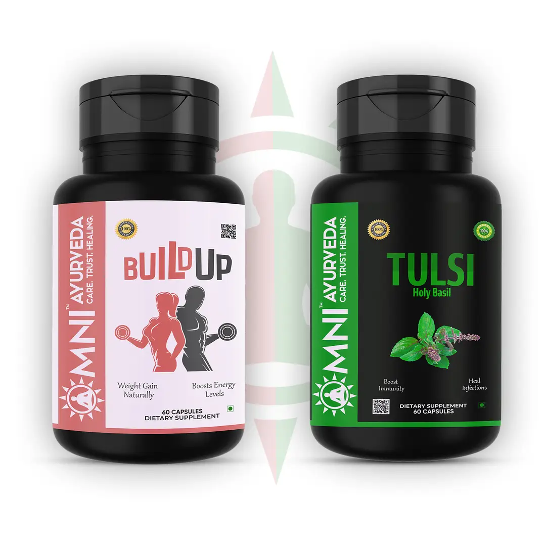Omni Ayurveda - Build Up and Tulsi Extract Capsule - for Enhance Energy Levels - Combo Pack (120 Capsules)