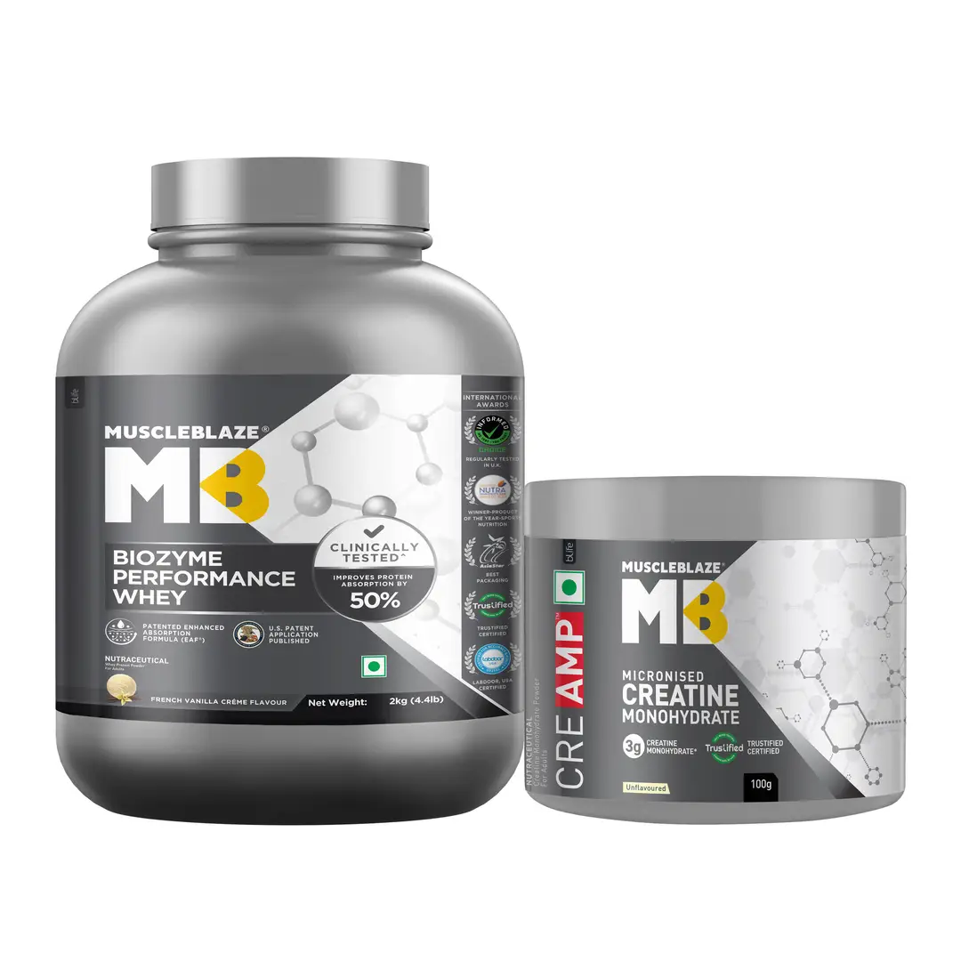 MuscleBlaze Biozyme Performance Whey Protein (French Vanilla Crème,4.4lb) and Creatine Monohydrate CreAMP™ (100g, Unflavoured)