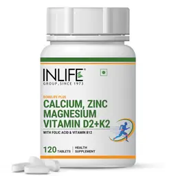 INLIFE - Calcium Magnesium Zinc Vitamin D K2 Folic Acid & B12 Vegetarian Tablets, Bone & Joint Support Supplement | Calcium Supplement for Women Men - 120 Tablets icon