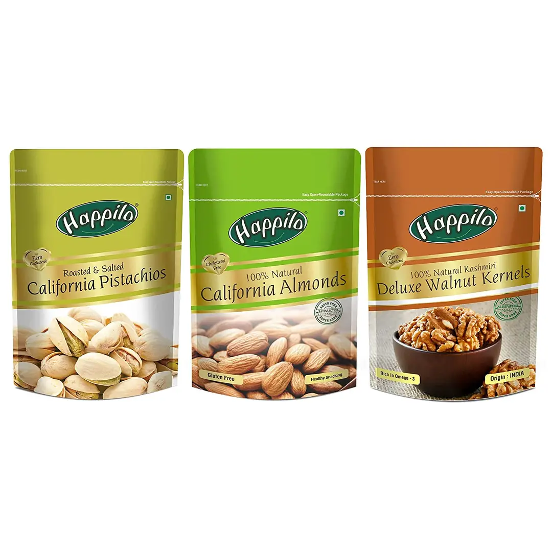 Happilo Premium Californian Almonds, Deluxe Walnuts Kernels and Californian Pistachio Combo Pack of 200g each - Combo Pack (600g)