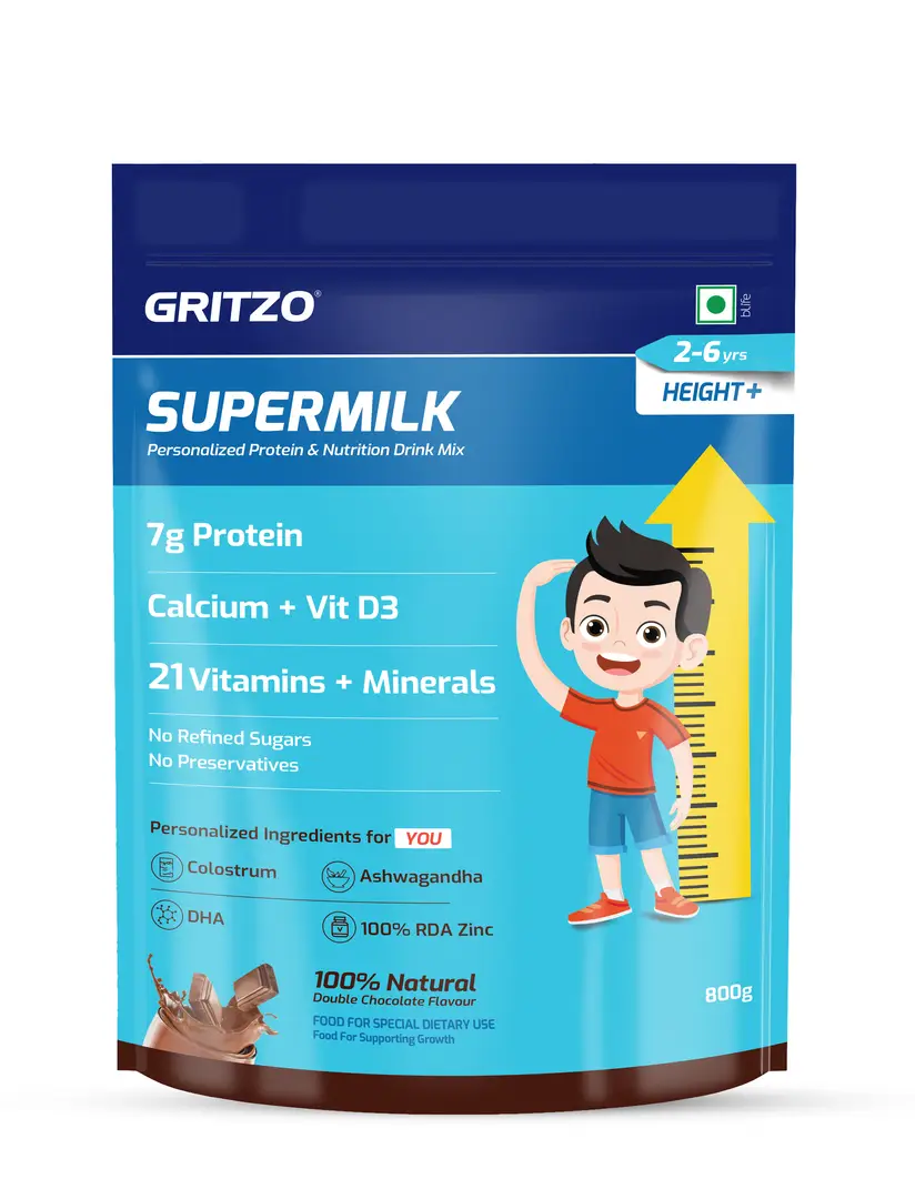 Gritzo SuperMilk Height+ (2-6y) with 7g Protein, Zero Refined Sugar, 21 Vitamins & Minerals for Height Growth - Double Chocolate,2 lb
