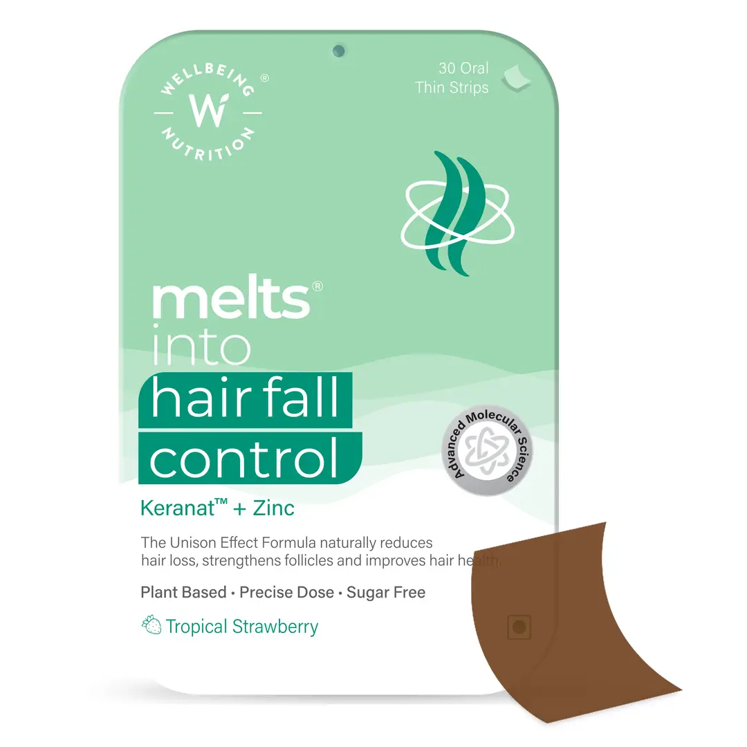Wellbeing Nutrition - Melts® Hair Fall Control - with Keranat™ and Zinc - for Hair Loss Support, Hair Anchoring, Nourish Follicles, Improve Volume and Thickness - Pack of 1 (30 Strips)