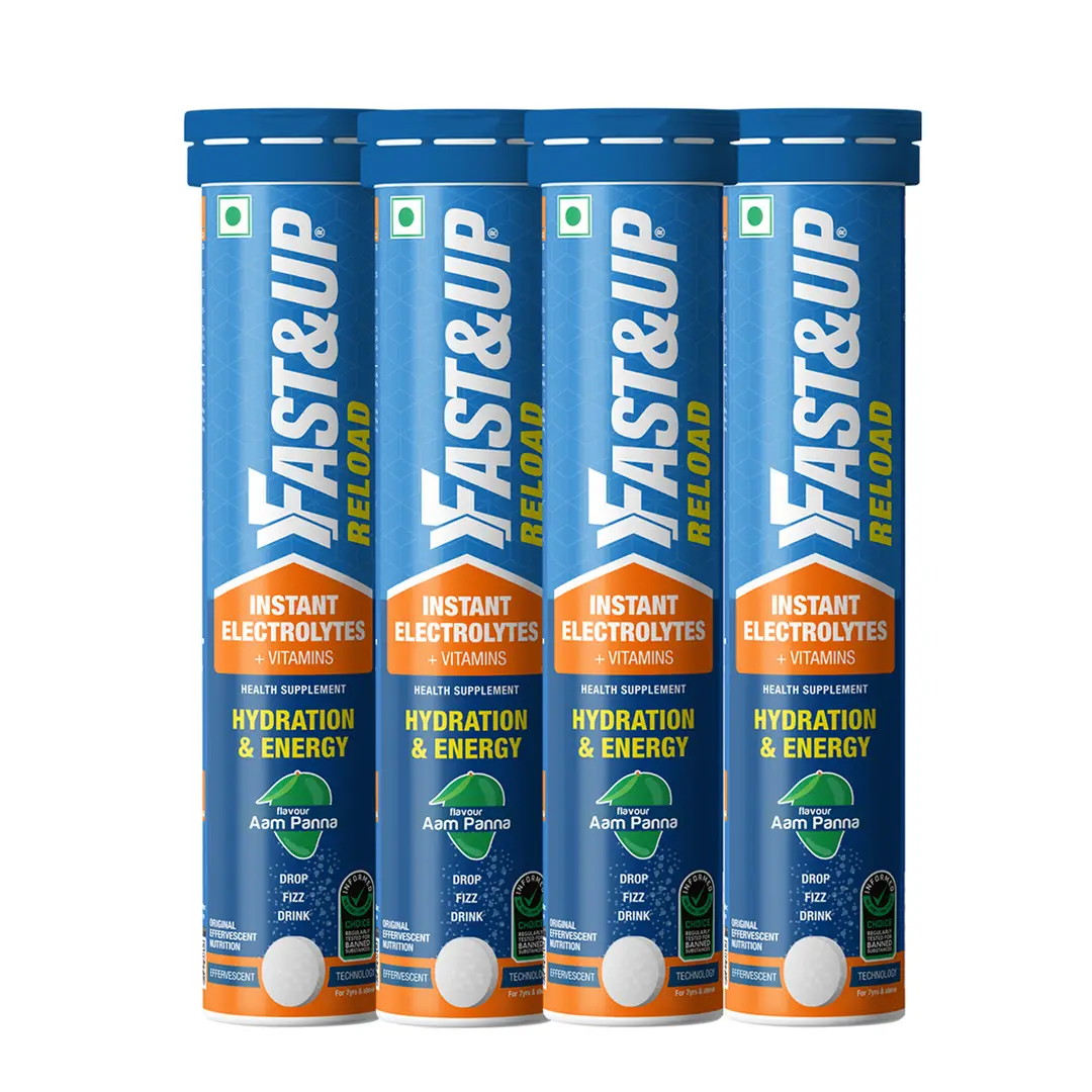 Fast&Up Reload Low Sugar Energy Drink with Vitamins, Minerals for Instant Hydration - Aam Panna,80 Effervescent Tablets
