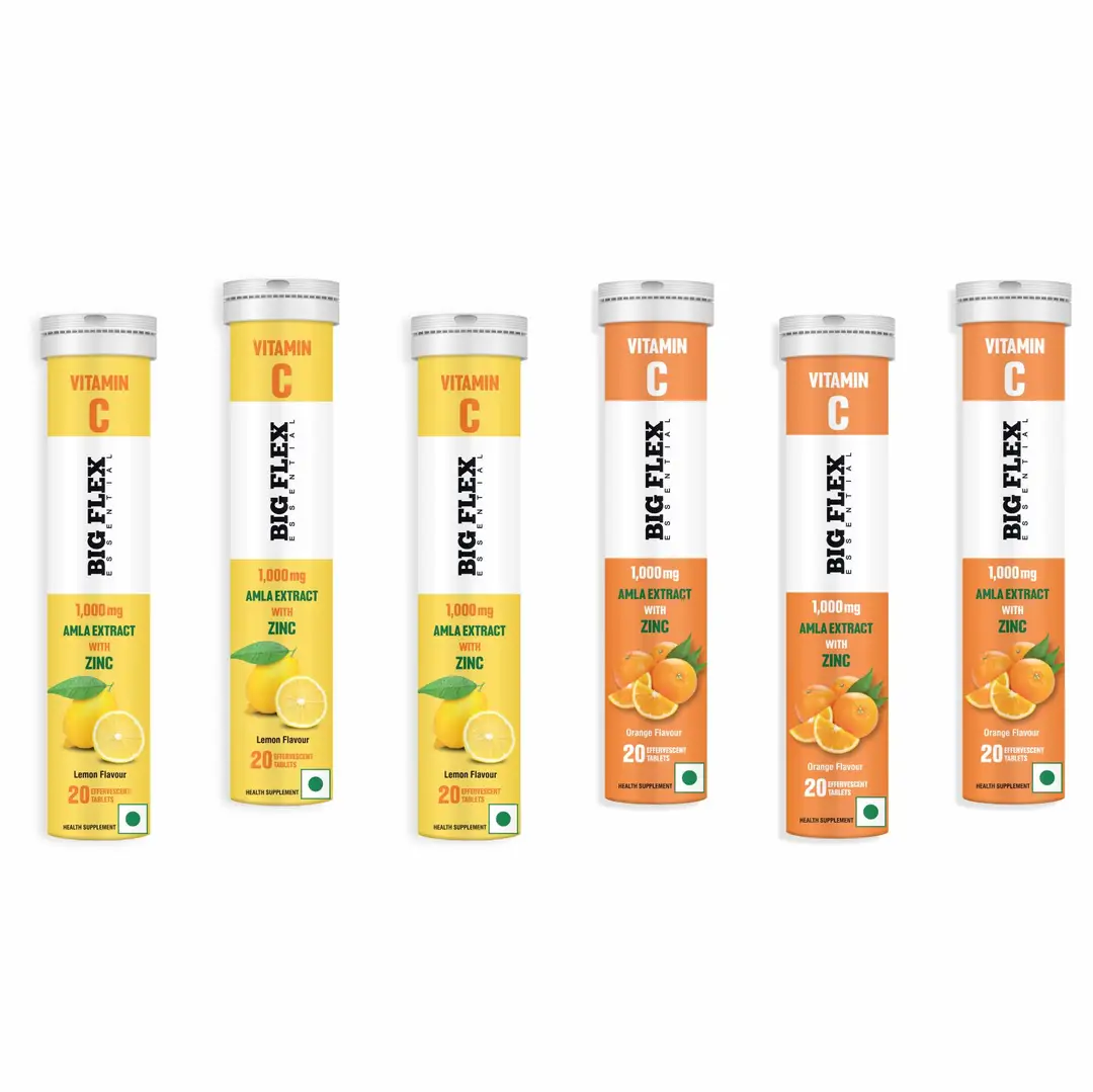 Bigflex Vitamin C with Amla 1000mg and Zinc 10mg for Glowing and Brightening Skin - Orange & Lemon,120 Effervescent Tablets