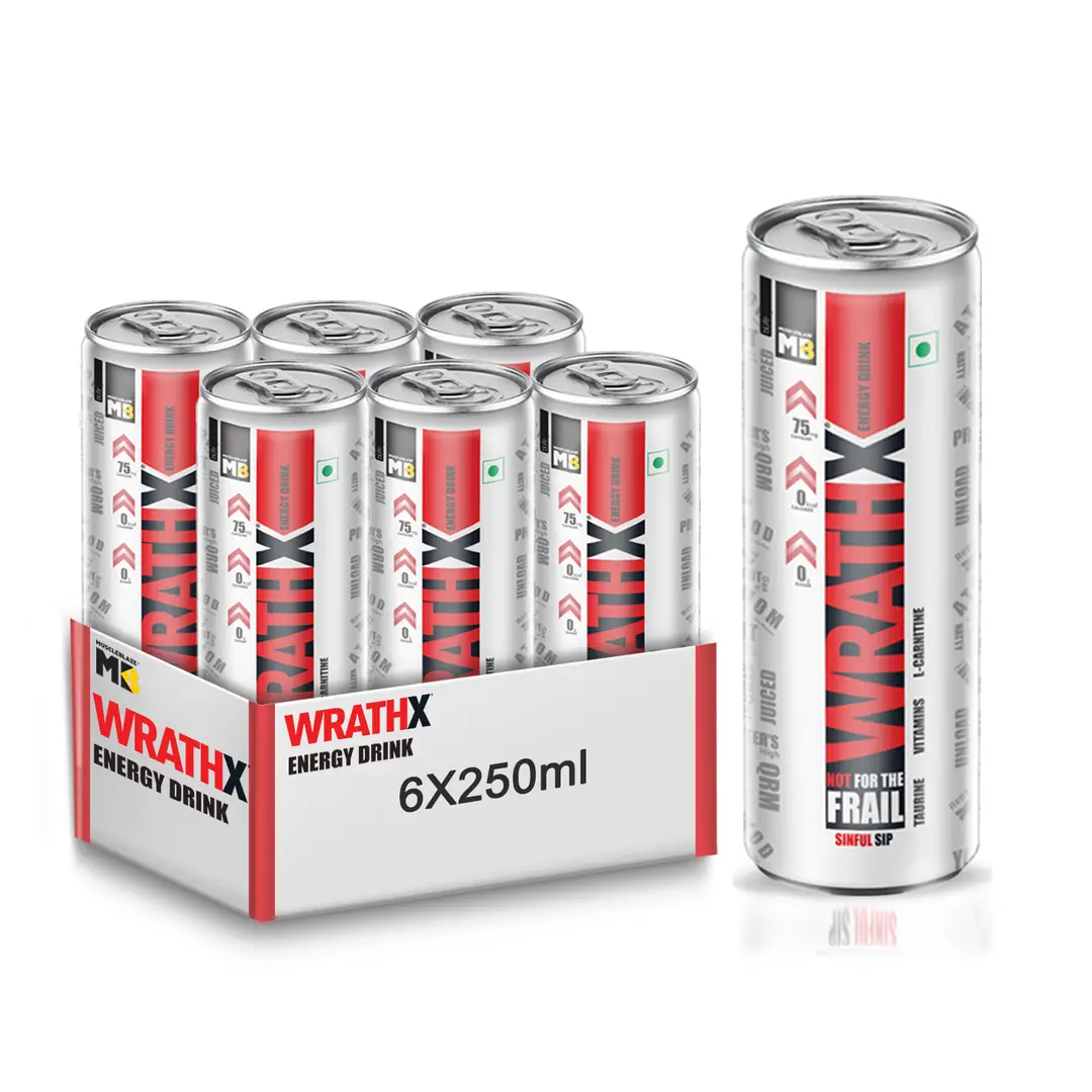 MuscleBlaze WrathX Energy Drink with 800mg Taurine, 25mg L-Carnitine, Vitamin B2, B3, B6 for Performance and Focus Booster - Pack of 1 (6 Bottle)