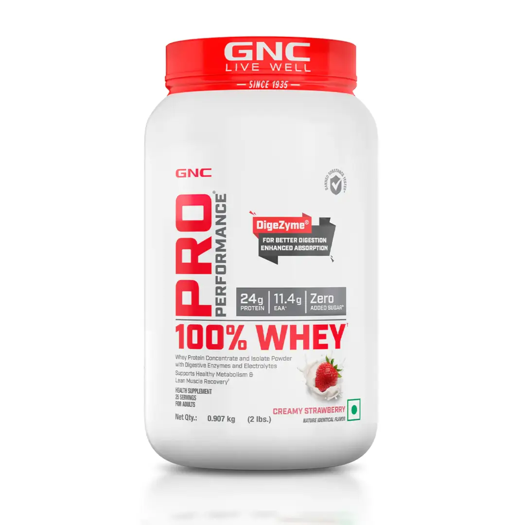 GNC Pro Performance 100% Whey Protein Powder Formulated In USA with 24g Protein, 5.5g BCAA for Strength, Endurance, Builds Lean Muscles and Fastens Muscle Recovery - Creamy Strawberry,2 lb