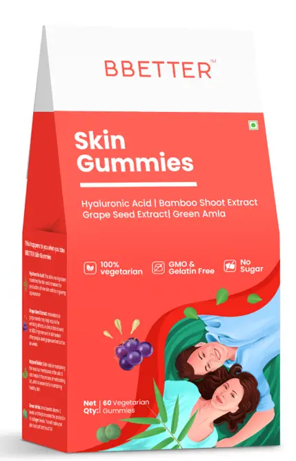 BBETTER Skin Gummies with Hyaluronic Acid, Grape Seed, Bamboo Shoot & Green Amla - Pack of 1 (60 Gummies)