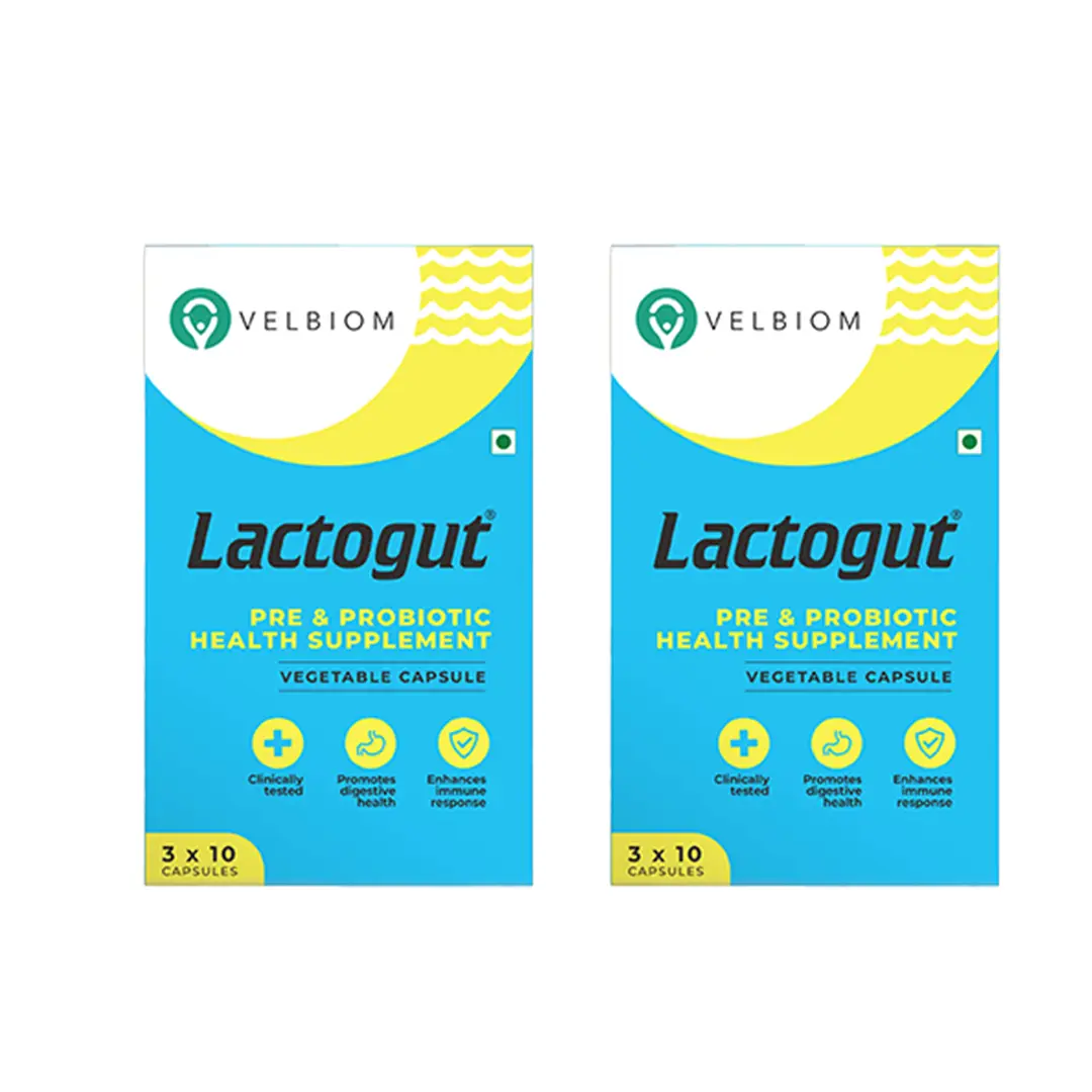 Velbiom Lactogut with Pre+Probiotic and Probiotics for Gut & Digestive Health and Immunity - Pack of 2 (60 Capsules)