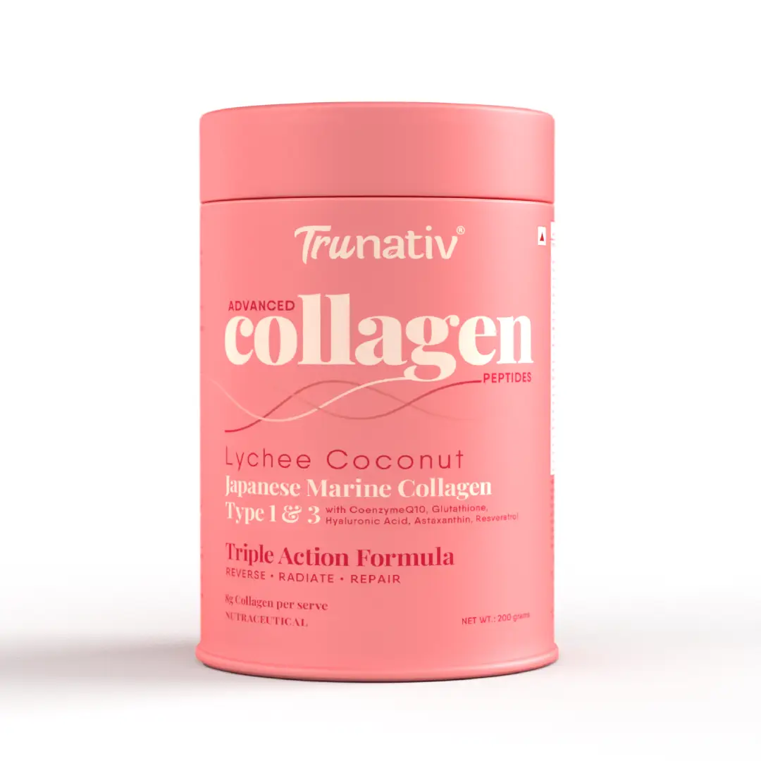 Trunativ Advanced Collagen with Japanese Marine Collagen Type 1 and 3, Vitamin C, Vitamin E, Hyaluronic Acid, Biotin, and Glutathione for Supporting Skin Glow, Hair Growth, and Nail Strength - Lychee Coconut,200 gm