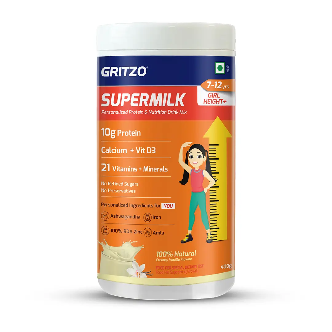 Gritzo SuperMilk Height+ (7-12y Girls) with 10g Protein, Zero Refined Sugar, 21 Vitamins & Minerals for Height Growth - Creamy Vanilla,400 gm