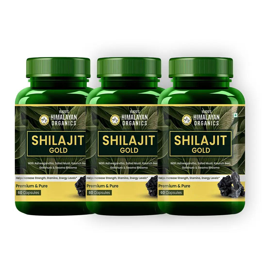 Vlado's Himalayan Organics Pure Shilajit 24 carat Gold with Ashwagandha, Safed Musli for Stamina, Strength and Energy - Pack of 3 (180 Capsules)