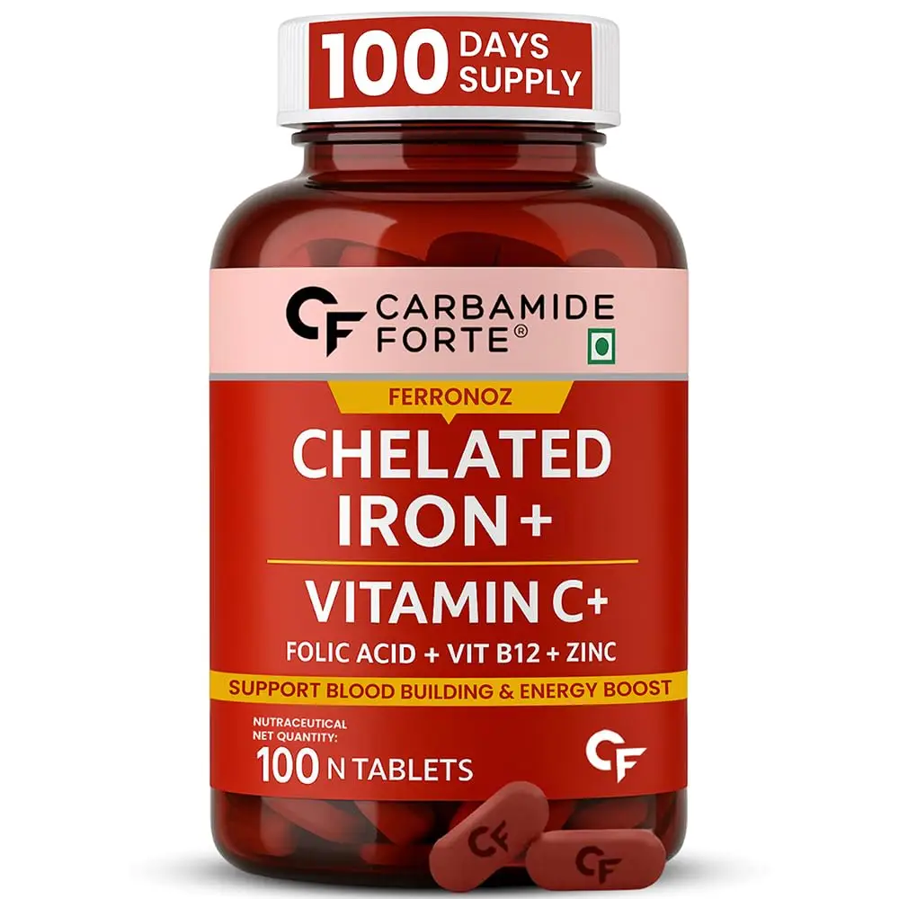 Carbamide Forte Chelated Iron + Vitamin C with B12, Folic Acid and Zinc for Relieving Fatigue And Weakness - Pack of 1 (100 Tablets)