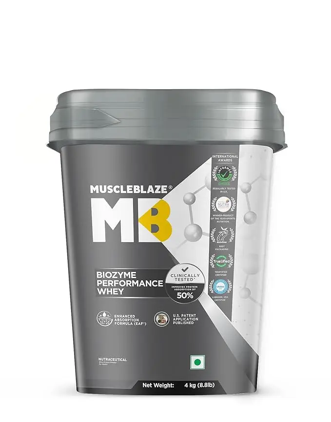 MuscleBlaze Biozyme Performance Whey Protein - with Whey Protein Concentrate, Cocoa Powder for Aiding in Lean Mass Gain - Rich Chocolate,8.82 lb