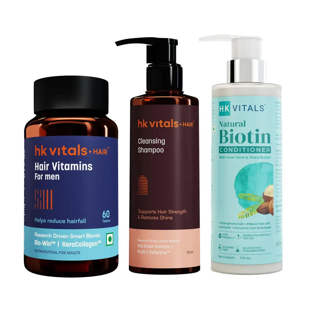 hk vitals Healthy Hair Kit - Hair Multivitamin (60 Capsule) with Biotin Shampoo & Conditioner (175ml Each) | Pack of 3 - (Combo Pack)