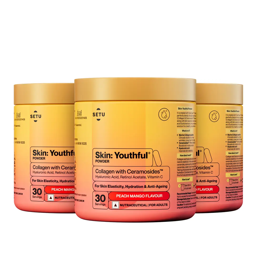 Setu Skin: Youthful Collagen Powder | Hydrolysed Marine Collagen Peptides with N-Acetylglucosamine, Vit C, Zinc and Biotin | Improves Skin Hydration, Elasticity & Texture - Peach Mango Flavour - Pack of 3 (90 servings)