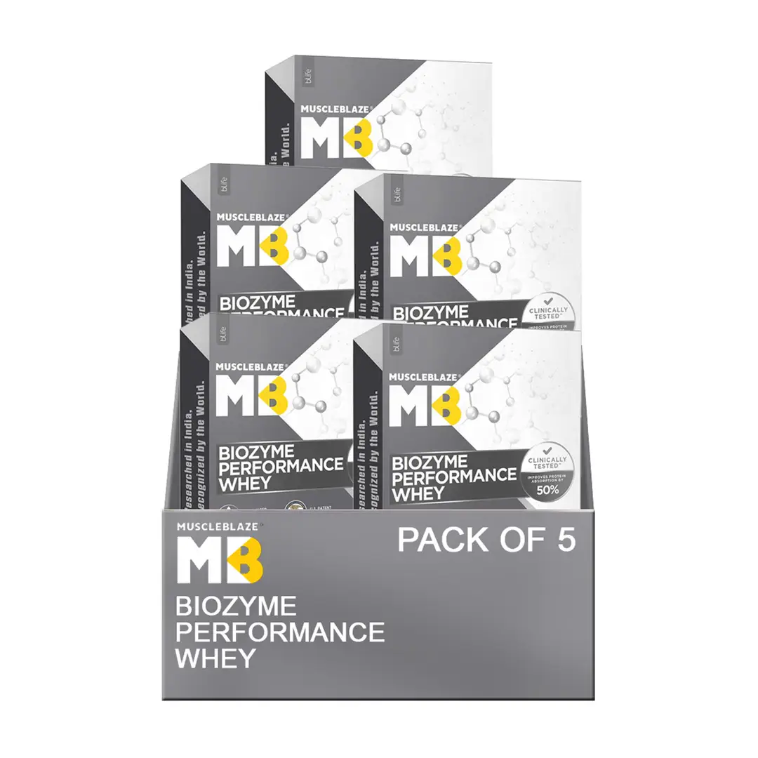 MuscleBlaze Biozyme Performance Whey Protein - with Whey Protein Concentrate,  Cocoa Powder for Aiding in Lean Mass Gain - Rich Chocolate,5 Sachets