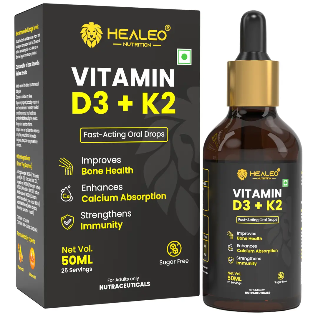 Healeo Vitamin D3 + K2 MK7 Fast-Acting Oral Drops with Vitamin D for Bone Health Support, Calcium Absorption and Immunity - Pack of 1 (50 ml)