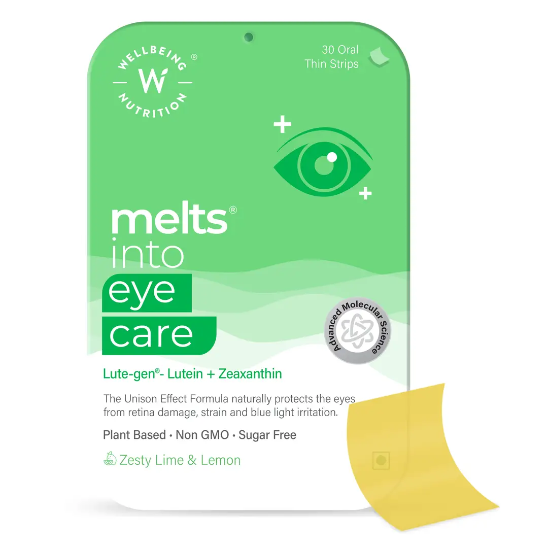 Wellbeing Nutrition - Melts® Eye Care - with Lutemax® (Lutein + Zeaxanthin), Bilberry, Beetroot - for Glare Sensitivity and Digital Strain Guard - Pack of 1 (30 Strips)
