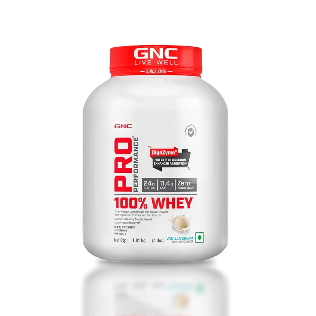 GNC Pro Performance 100% Whey Protein Powder Formulated In USA with 24g Protein, 5.5g BCAA for Strength, Endurance, Builds Lean Muscles and Fastens Muscle Recovery - Vanilla Cream,4 lb