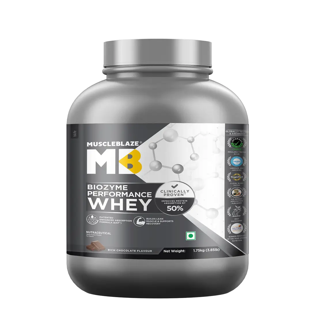 MuscleBlaze Biozyme Performance Whey Protein - with Whey Protein Concentrate,  Cocoa Powder for Aiding in Lean Mass Gain - Rich Chocolate,3.86 lb