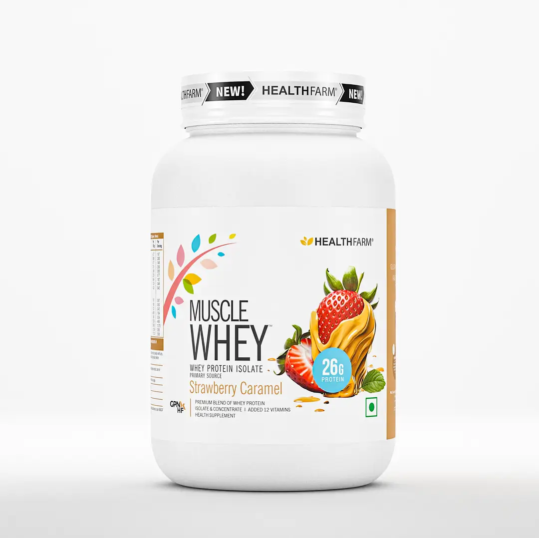 Healthfarm Muscle Whey Protein for Strength and Muscle Growth - Strawberry Caramel,1 Kg