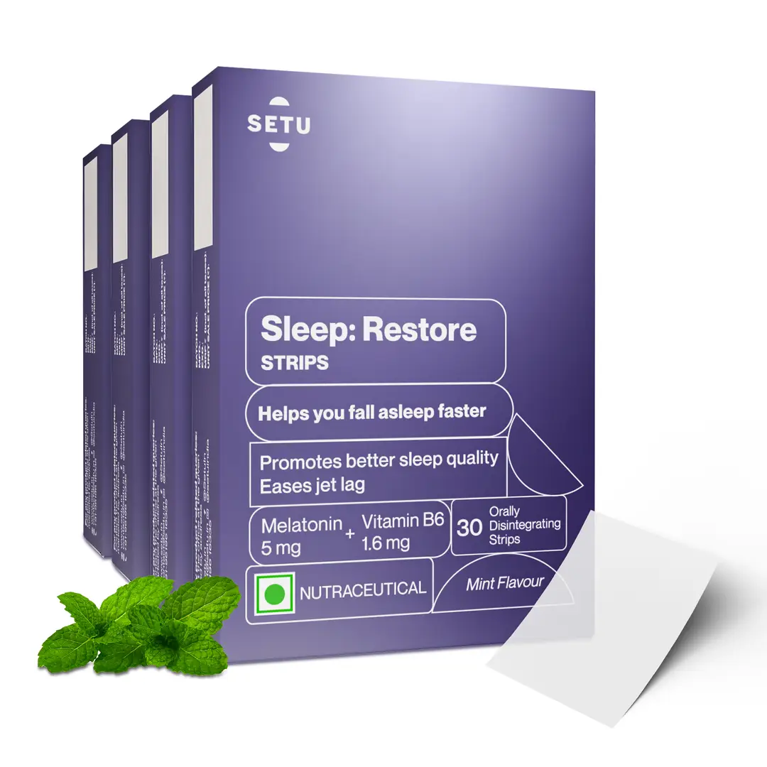 Setu Melatonin 5mg, Promotes Relaxation & Sleep, Helps Improve Sleep Quality, Eases Jet Lag Strain, Non Habit Forming, Tasty Mint Flavor - Pack of 4 (120 Strips)