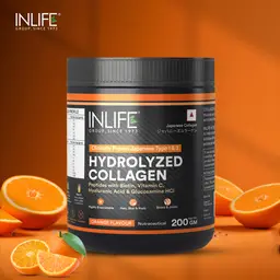 INLIFE - Hydrolyzed Collagen Peptides Powder Supplements Type 1 and 3, Biotin, Vitamin C, Hyaluronic Acid, Glucosamine, Skin Health for Men & Women - 200g (Orange Flavour) icon