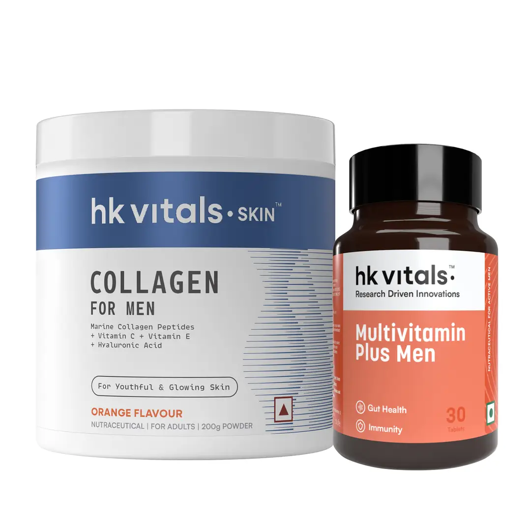 hk vitals Marine Collagen for Men Supplement (Orange, 200gm) and Multivitamin Plus Men (30 Tablets) - (Combo Pack)