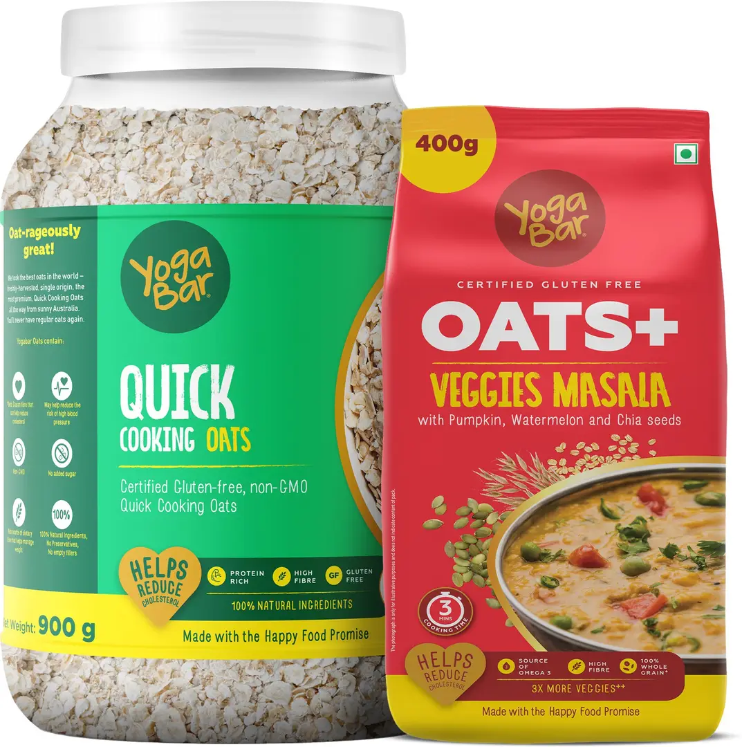 Yogabar - High Protein Quick Instant Oats 900g - Veggie Masala Oats 400g Combo - Combo pack (Quick Cooking Oats & Veggie Masala)