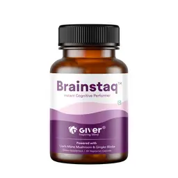 Giver Nutrition Brainstaq Lions Mane Mushroom Nootropic Supplement - For Focus, Memory, Mental Clarity, Stress & Anxiety Relief - Ashwagandha, Gingko Biloba with Caffeine & L Theanine for Smooth Energy |30 Veg Capsules icon