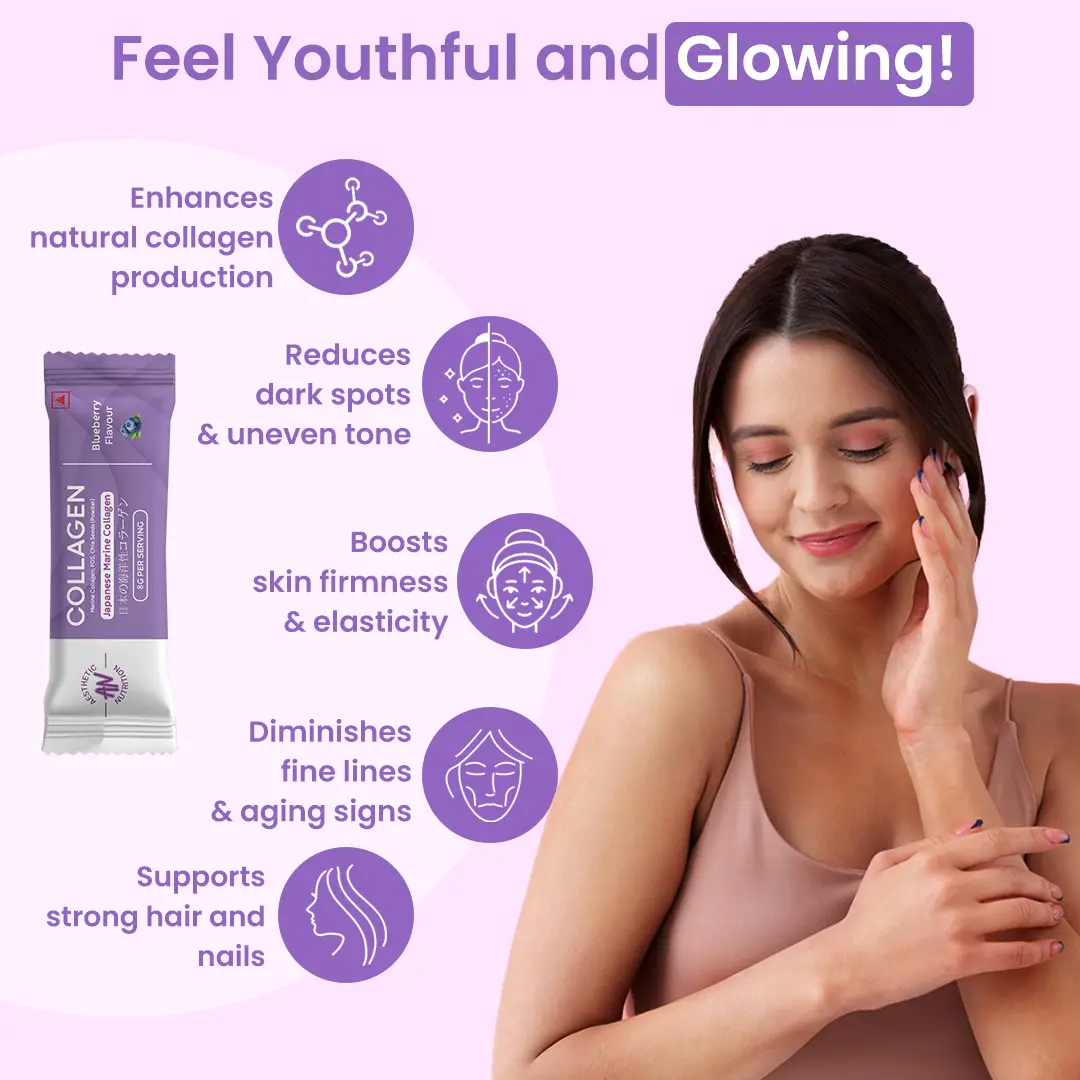 Aesthetic Nutrition Japanese Marine Collagen Powder with Hyaluronic Acid and Glutathione for Reducing Wrinkles, Strengthen Hair and Promote Healthy Nails - Unflavoured,6 Sachets