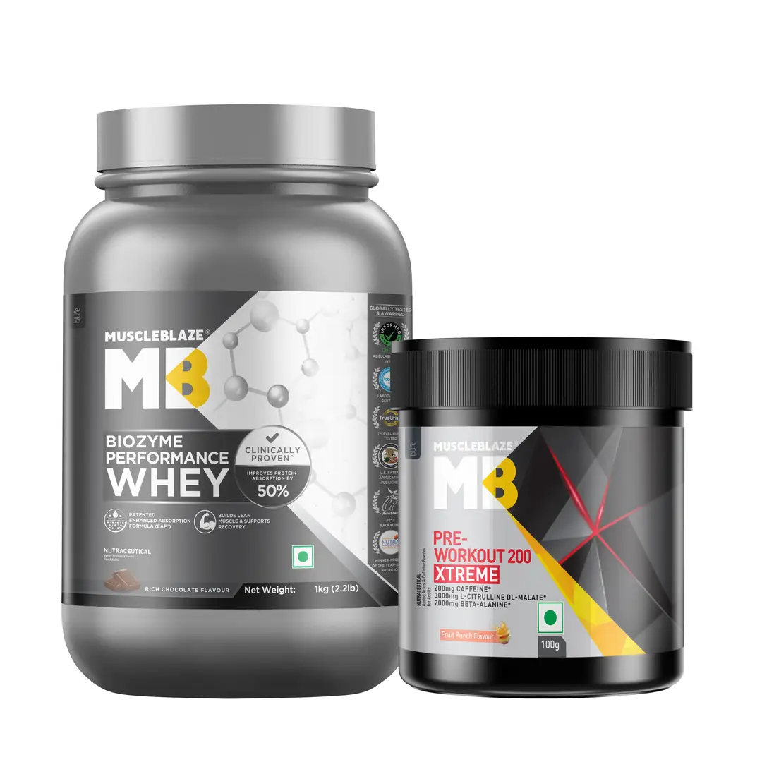MuscleBlaze Biozyme Performance Whey 2.2 lb (Rich Chocolate) with PRE Workout 200 Xtreme, 0.22 lb (Fruit Punch) - (Combo Pack)