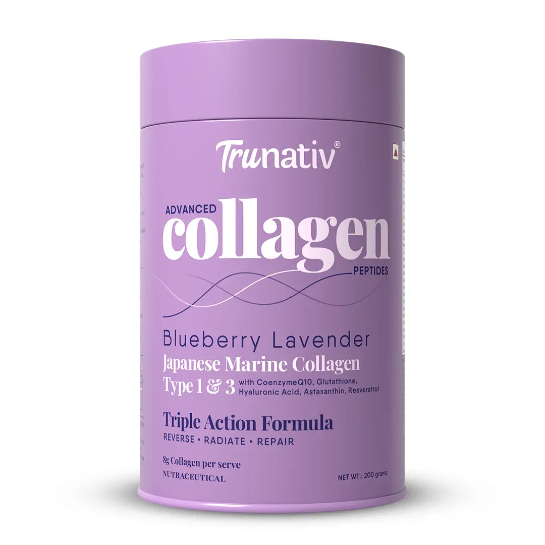 Trunativ Advanced Collagen with Japanese Marine Collagen Type 1 and 3, Vitamin C, Vitamin E, Hyaluronic Acid, Biotin, and Glutathione for Supporting Skin Glow, Hair Growth, and Nail Strength - Blueberry Lavender,200 gm