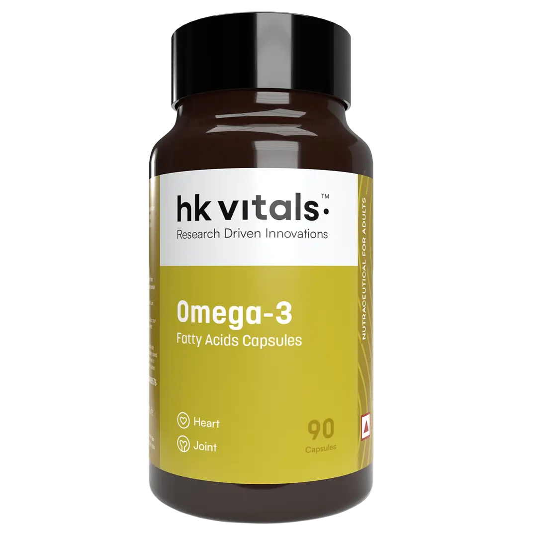 HK vitals Omega 3 | 1000mg Omega 3 with 180mg EPA & 120mg DHA | For Brain, Heart, Eyes, and Joints Health - Pack of 1 (90 Softgels)