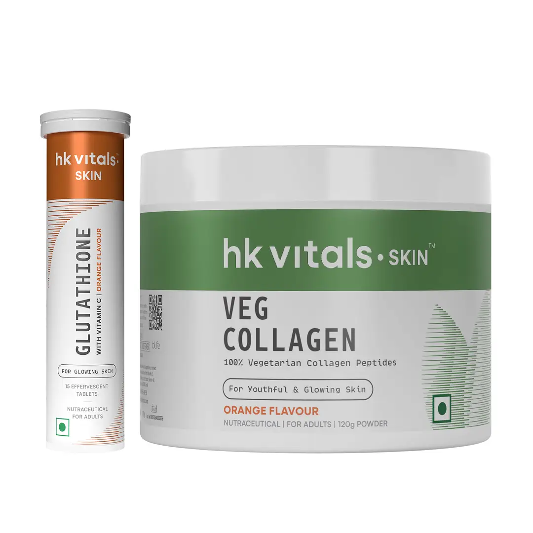 hk vitals Veg Collagen Supplement (Orange, 120g) & Glutathione (Orange, 15 Effervescent Tablets for Healthy Skin, Hair, Nails and Hydration - Combo Pack