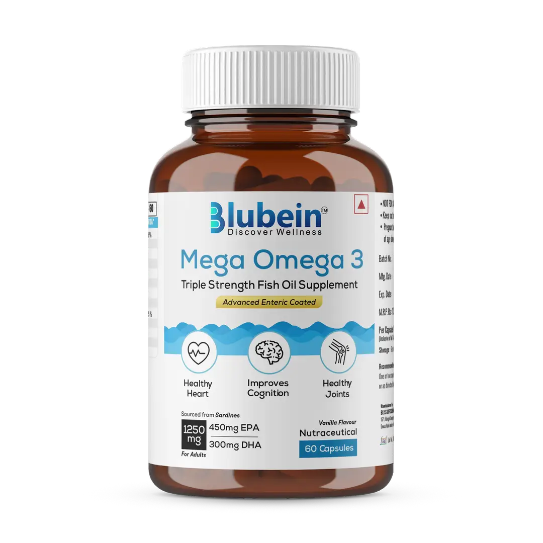 Blubein Mega Omega 3 with Micro Filtered Fish Oil extracted from Sardine for Joints, Heart and Brain Health - Pack of 1 (60 Softgels)