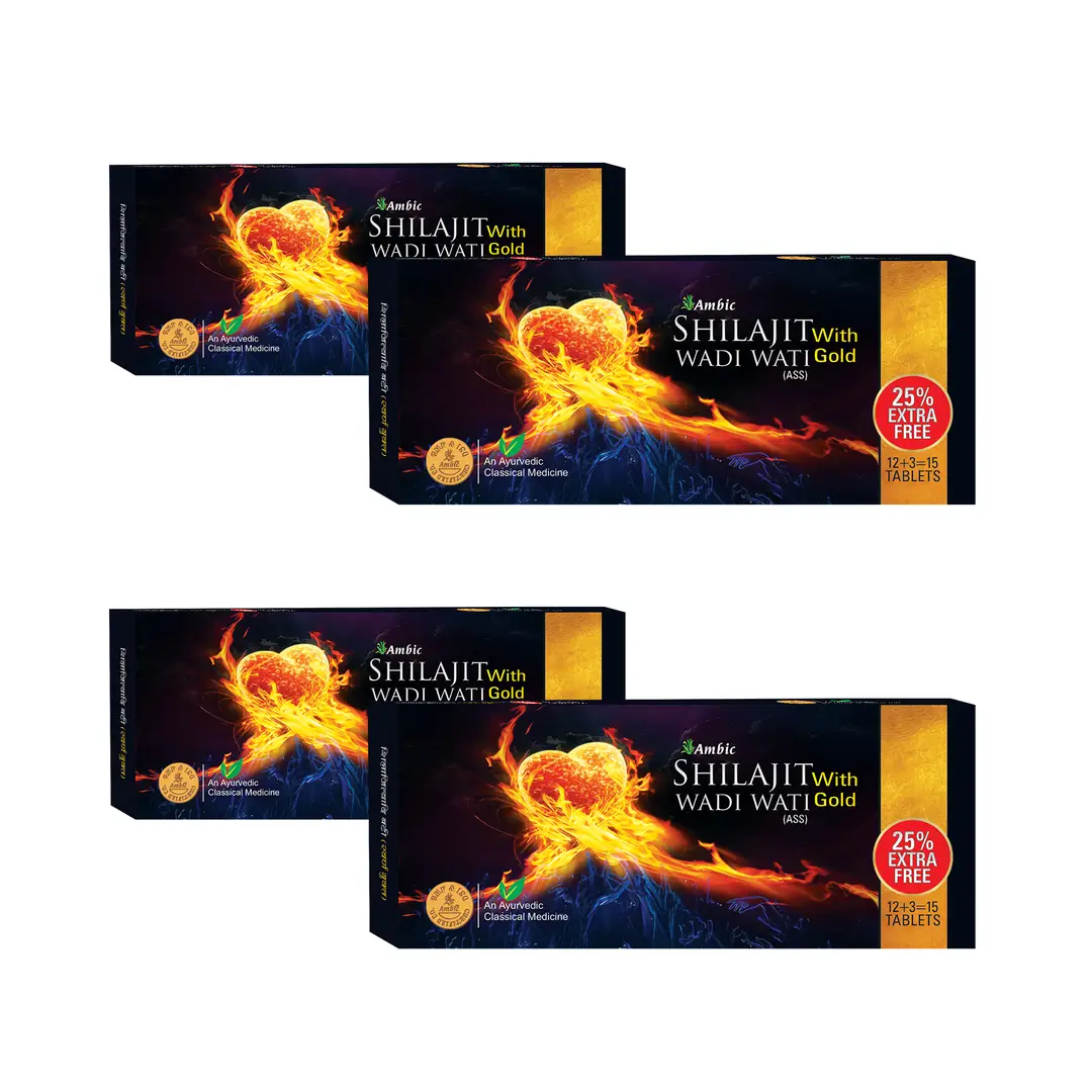 Ambic Wellness Shilajit Gold with Swarn (Gold) Bhasm for Strength and Immunity - Pack of 4 (60 Tablets)