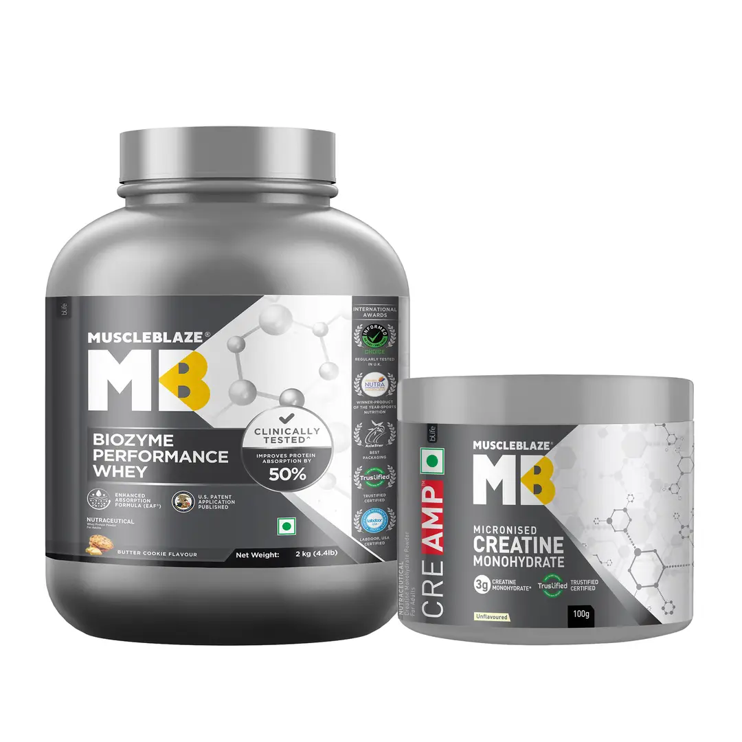 MuscleBlaze Biozyme Performance Whey Protein (Butter Cookie,4.4lb) and Creatine Monohydrate CreAMP™ (100g, Unflavoured) - Combo